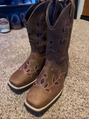 Girls Brown Western Cowgirl Boots with Pink Stitching